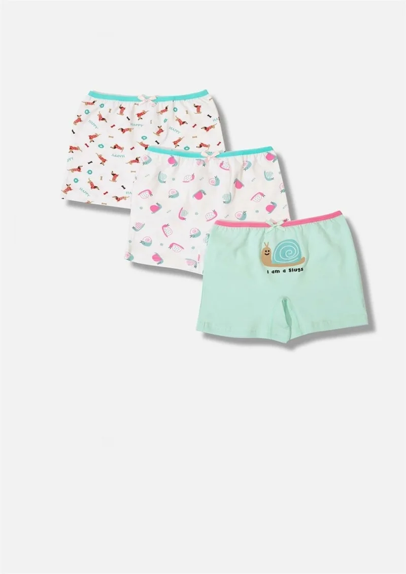 Defne Snail Pattern Printed Lycra Combed Cotton Girls 3-Piece Boxer Set
