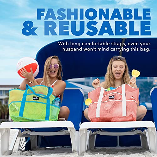 Dejaroo - Sand Free Mesh Bag - Strong Lightweight Tote For Beach & Vacation Essentials. Tons of Storage with 8 Pockets, Foldable, 17x9x15 inches, Peach with White Straps - Image 4