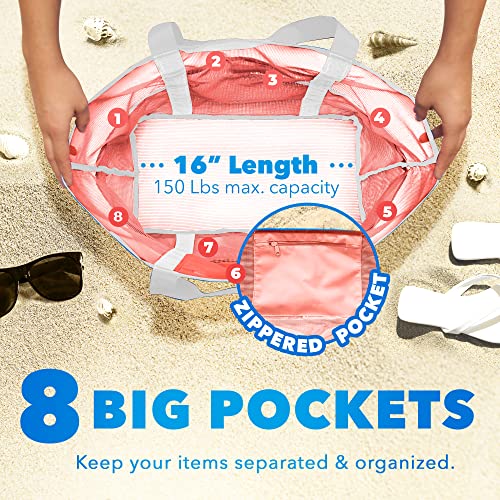 Dejaroo - Sand Free Mesh Bag - Strong Lightweight Tote For Beach & Vacation Essentials. Tons of Storage with 8 Pockets, Foldable, 17x9x15 inches, Peach with White Straps - Image 3