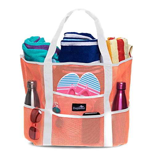 Dejaroo - Sand Free Mesh Bag - Strong Lightweight Tote For Beach & Vacation Essentials. Tons of Storage with 8 Pockets, Foldable, 17x9x15 inches, Peach with White Straps - Image 1