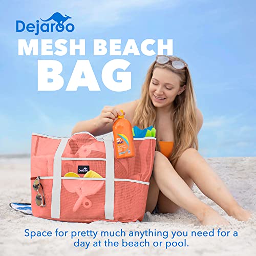 Dejaroo - Sand Free Mesh Bag - Strong Lightweight Tote For Beach & Vacation Essentials. Tons of Storage with 8 Pockets, Foldable, 17x9x15 inches, Peach with White Straps - Image 2