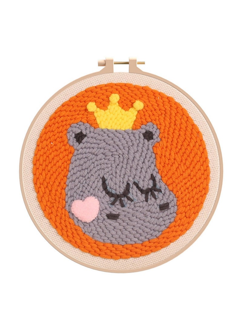 DIY Punch Needle Kit, Cute Cartoon Patterns for Beginners, 20x20cm Hoop Embroidery Punch Needle Beginner Craft Kit, Easy to Make for Adults and Children, Ideal Decorative Gift, Instructions Included (Little Hippo Queen) - Image 1