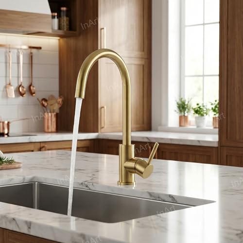 InArt Single Lever Kitchen Sink Mixer 360° Rotatable Kitchen Sink Tap Faucet Brushed Gold Color - Image 4