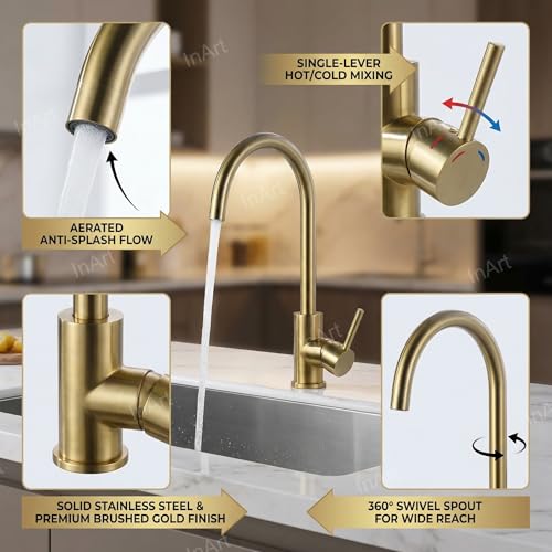 InArt Single Lever Kitchen Sink Mixer 360° Rotatable Kitchen Sink Tap Faucet Brushed Gold Color - Image 3