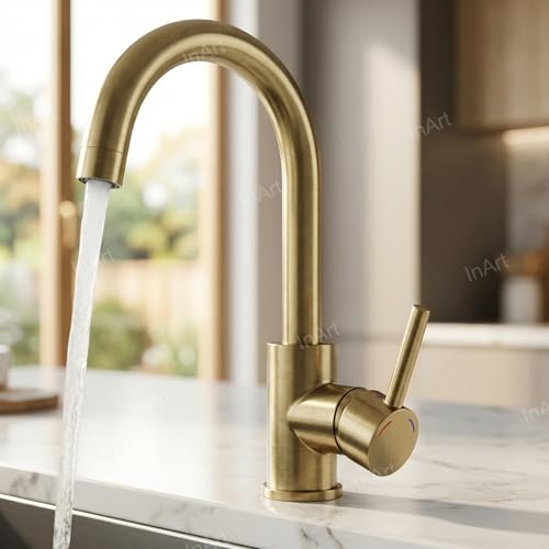 InArt Single Lever Kitchen Sink Mixer 360° Rotatable Kitchen Sink Tap Faucet Brushed Gold Color - Image 5