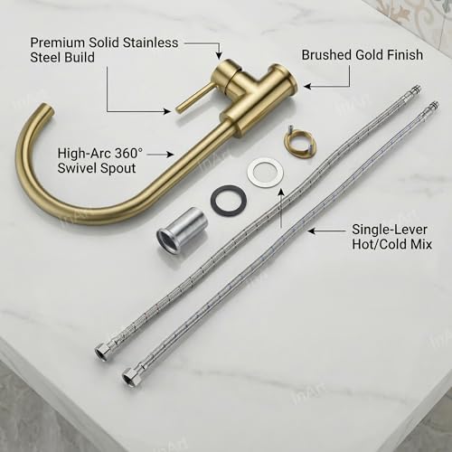 InArt Single Lever Kitchen Sink Mixer 360° Rotatable Kitchen Sink Tap Faucet Brushed Gold Color - Image 2