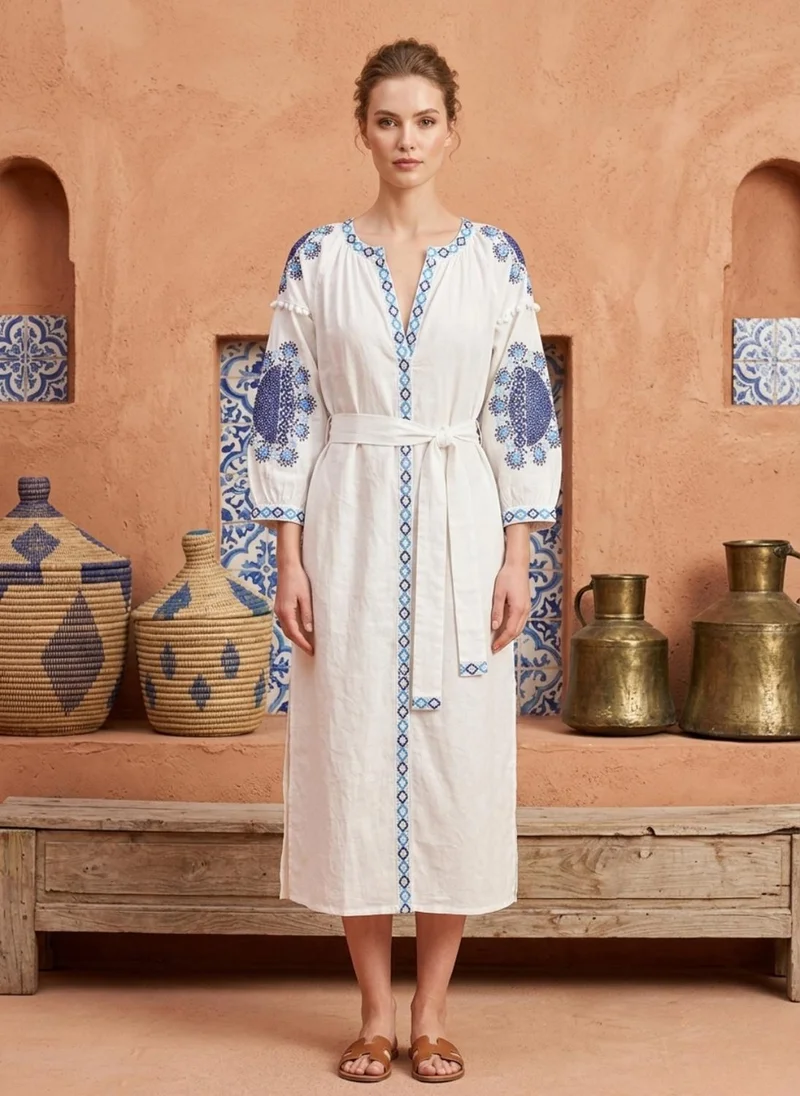 Alaya Women Embroidered With Belt Cotton Rayon Dress -AL3722