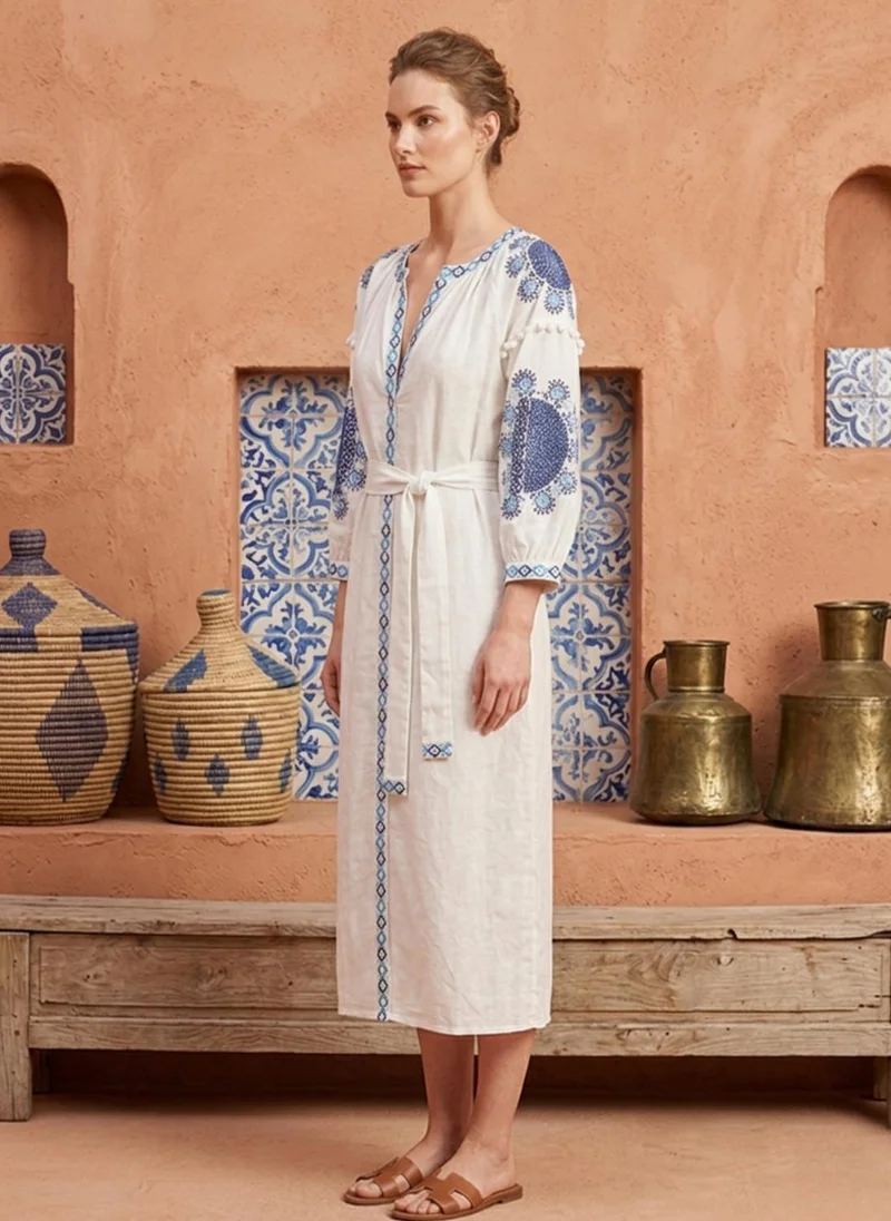 Alaya white with blue embroidery Women Embroidered With Belt Cotton Rayon Dress -AL3722 for Women | Best Price UAE