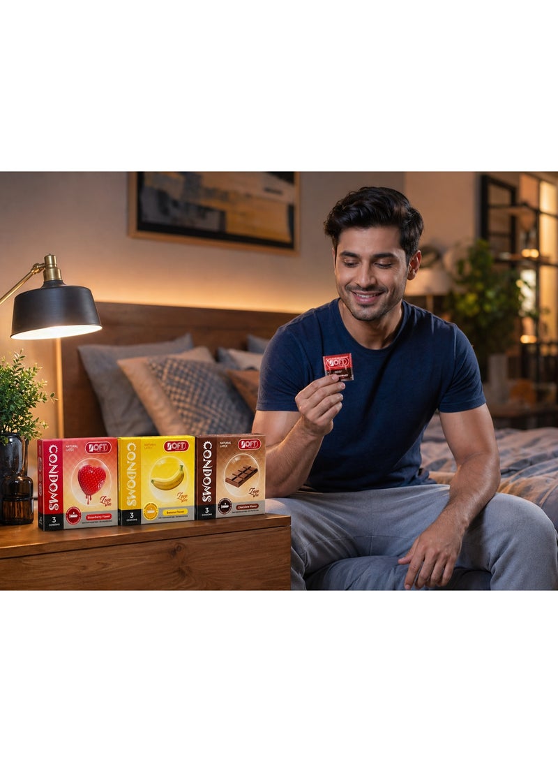 سوفت مجموعة واقي ذكري كلاسيك من اللاتكس الطبيعي بـ 3 نكهات متنوعة (فراولة، موز، شوكولاتة) من سوفت، مزلق مسبقاً، 9 قطع - Image 2