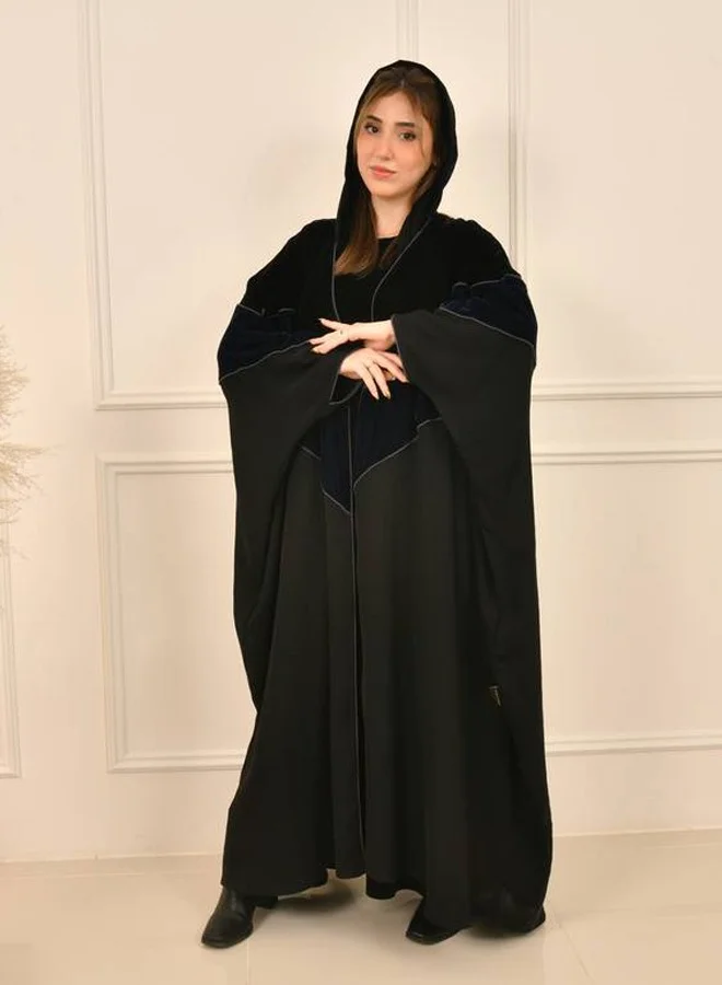 HAWRAA ABAYA Winter abaya with a butterfly cut and a velvet arrow border in black and dark navy blue bordered with gray yarn