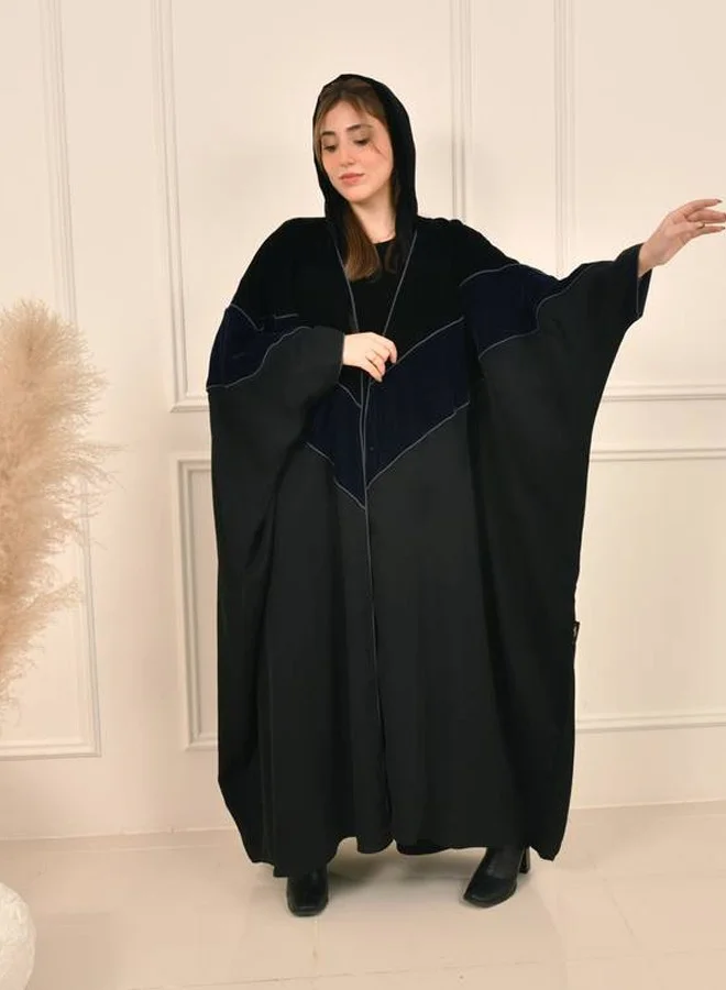 HAWRAA ABAYA Winter abaya with a butterfly cut and a velvet arrow border in black and dark navy blue bordered with gray yarn