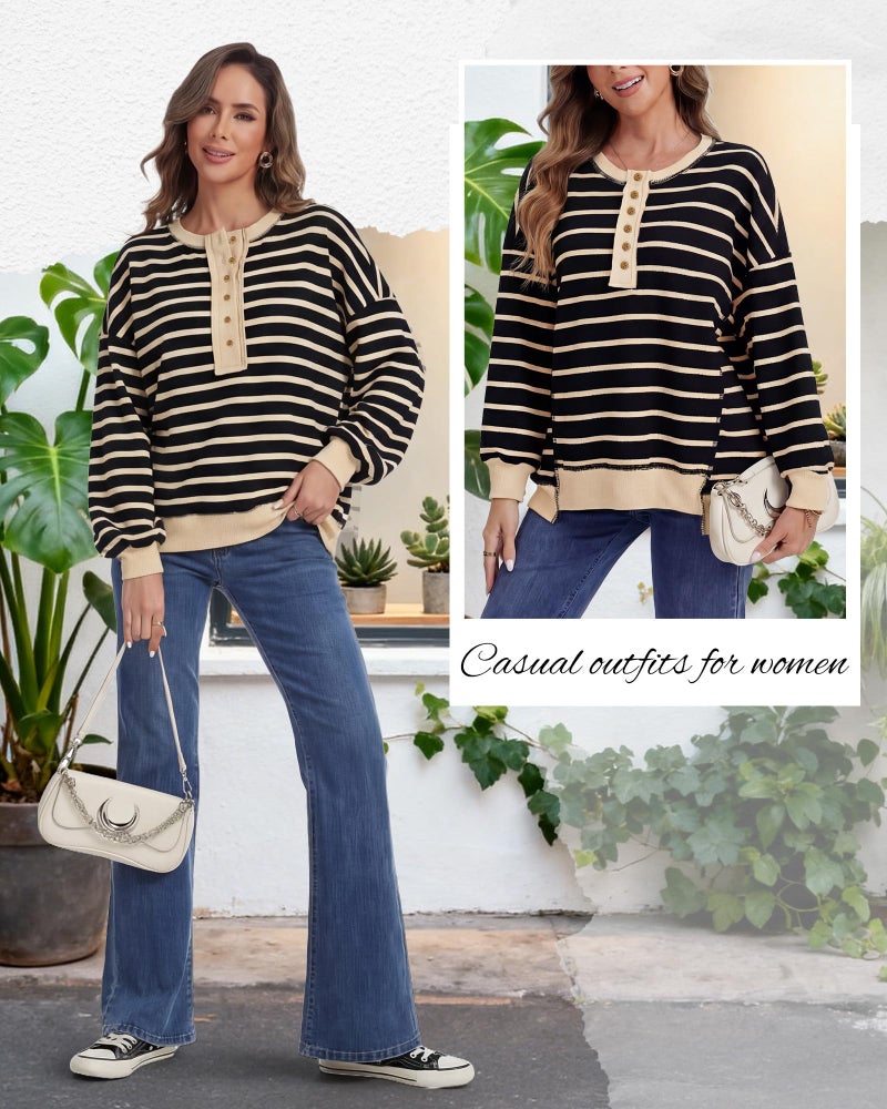 Simlakey Women Oversized Striped Sweatshirt Color Block Henley Shirt Long Sleeve Waffle Knit Button Up Pullover Trendy Casual(Black Beige,L) - Image 5