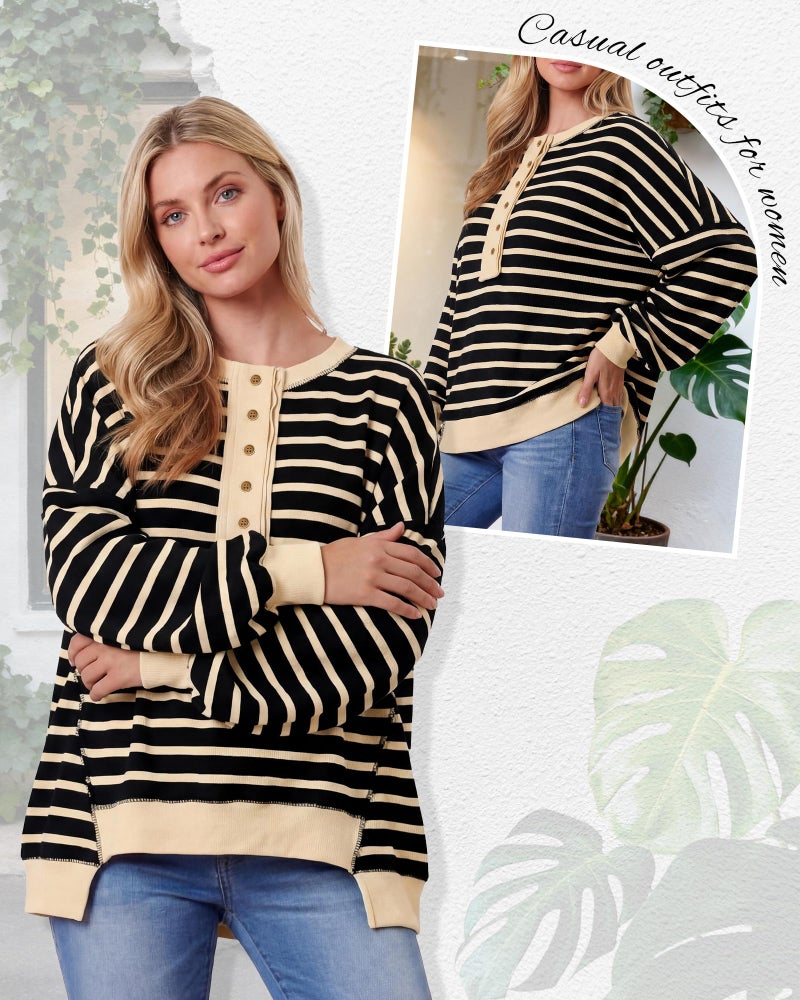 Simlakey Women Oversized Striped Sweatshirt Color Block Henley Shirt Long Sleeve Waffle Knit Button Up Pullover Trendy Casual(Black Beige,L) - Image 2