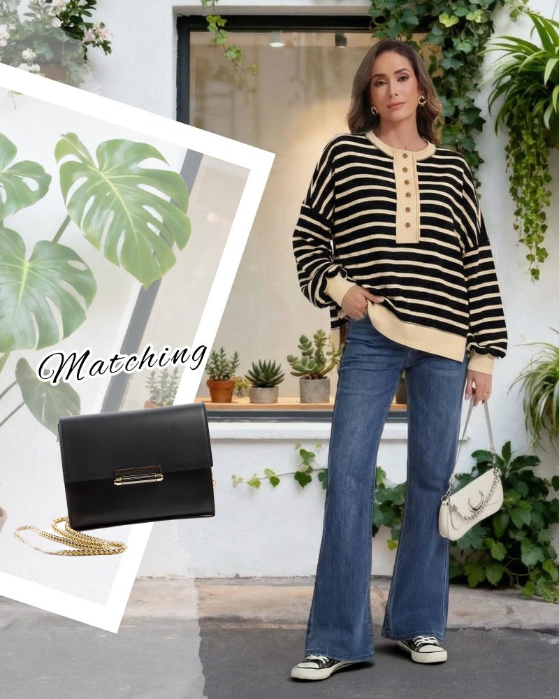 Simlakey Women Oversized Striped Sweatshirt Color Block Henley Shirt Long Sleeve Waffle Knit Button Up Pullover Trendy Casual(Black Beige,L) - Image 4