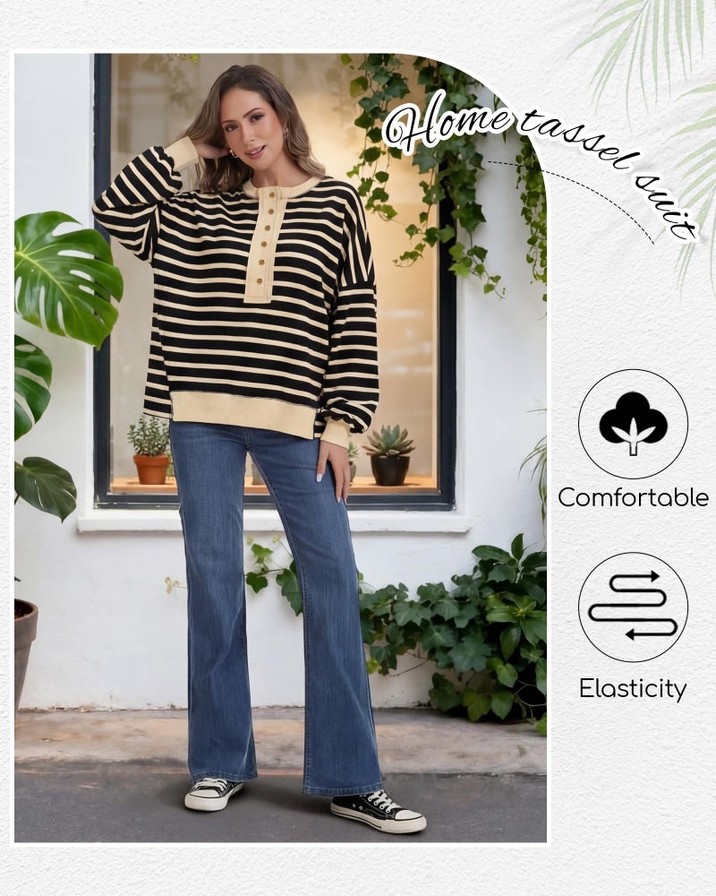 Simlakey Women Oversized Striped Sweatshirt Color Block Henley Shirt Long Sleeve Waffle Knit Button Up Pullover Trendy Casual(Black Beige,L) - Image 3
