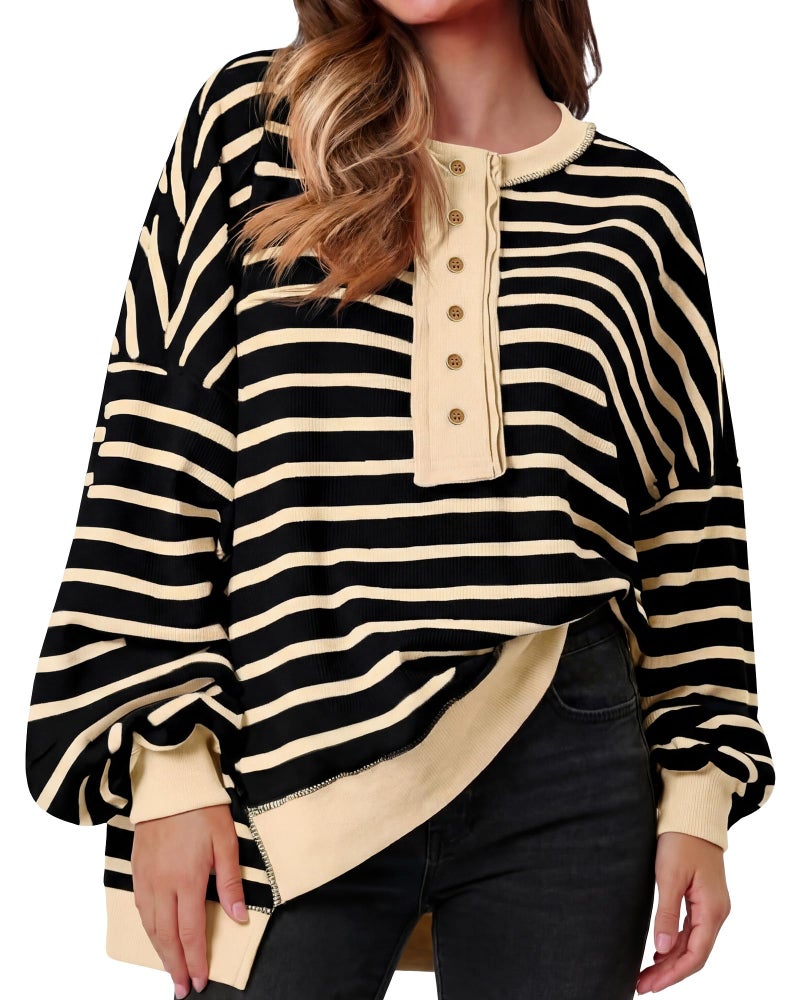 Simlakey Women Oversized Striped Sweatshirt Color Block Henley Shirt Long Sleeve Waffle Knit Button Up Pullover Trendy Casual(Black Beige,L) - Image 1