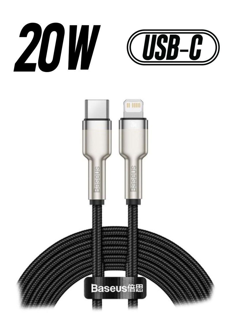 بيسوس كابل USB C إلى لايتنينج للشحن السريع ونقل البيانات وبتقنية PD بقدرة  20 وات من سلسلة كافولي ومتوافق مع آيفون 14/14 برو/ 13 برو/ 13 برو ماكس / 13/13 ميني، آي باد 9، 12 ميني/ 12/12 برو، بطول مترين أسود - Image 1