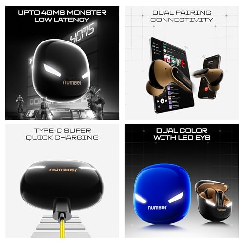 Number Super Buds GT S9 Gaming TWS, Ultra-Low Latency Gaming Earbuds with Monster Bass & LED Case, Quad Mic ENC, 70H Playtime, BT 5.4, IPX5 (Black Desert) - Image 4