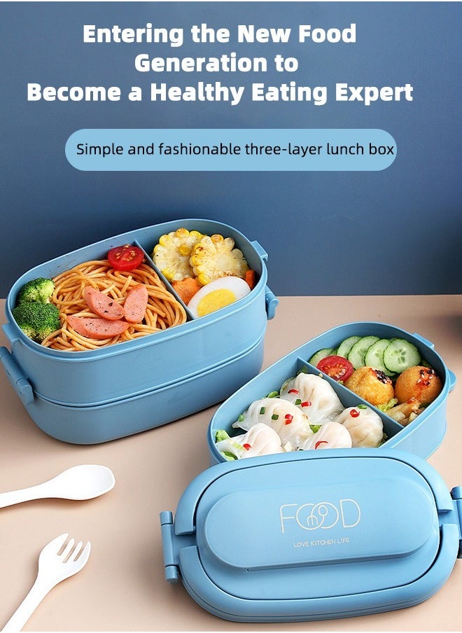 HOMESTAR 2-Layer PP Plastic Lunch Box Large Capacity Bento Box with 3-Grids 1550ML for School Office Outdoor Blue  - Image 2
