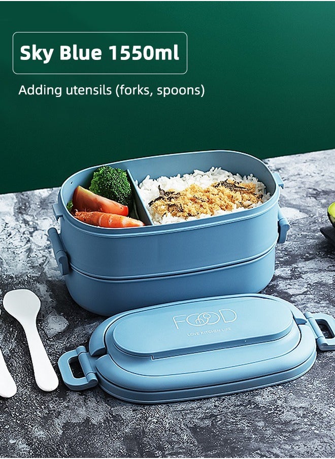 HOMESTAR 2-Layer PP Plastic Lunch Box Large Capacity Bento Box with 3-Grids 1550ML for School Office Outdoor Blue  - Image 3