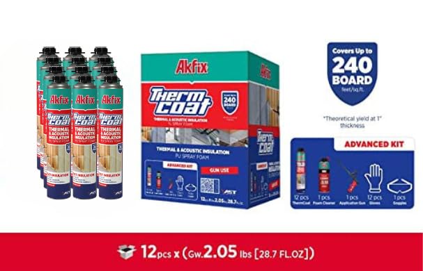 Akfix Thermcoat Spray Foam Insulation Kit (240 Board Feet) Closed Cell Expanding Sealant for Thermal & Acoustic Protection for Walls and Attic - Gun&Cleaner Included | 12 Pack Set - Image 2