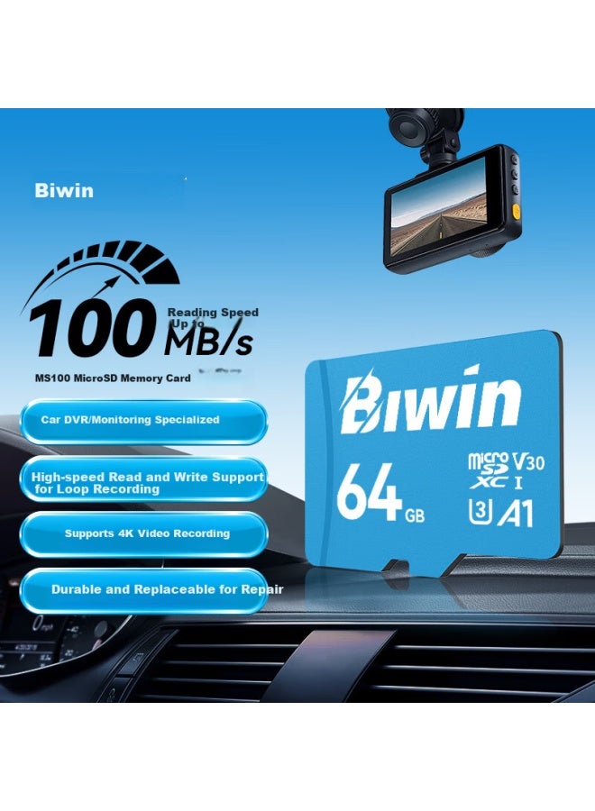 Biwin 64gb Tf Memory Card A1 U1 V10 C10 Ms100 Storage Card Read Speed 100mb/s Compatible With Dash Cams/security Cameras