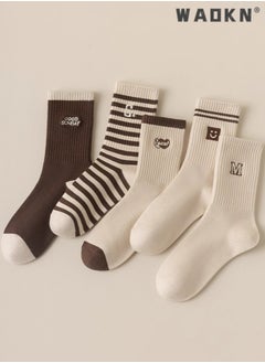 WAOKN 5 Pairs of Women Striped Socks, Vintage Crew Socks, Women's Loose Athletic Calf Socks, Casual Cotton Stretchy Novelty Socks, Casual Socks- Perfect for Everyday Wear  - Image 1