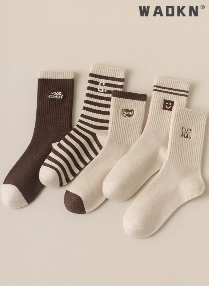 WAOKN 5 Pairs of Women Striped Socks, Vintage Crew Socks, Women's Loose Athletic Calf Socks, Casual Cotton Stretchy Novelty Socks, Casual Socks- Perfect for Everyday Wear - Image 1