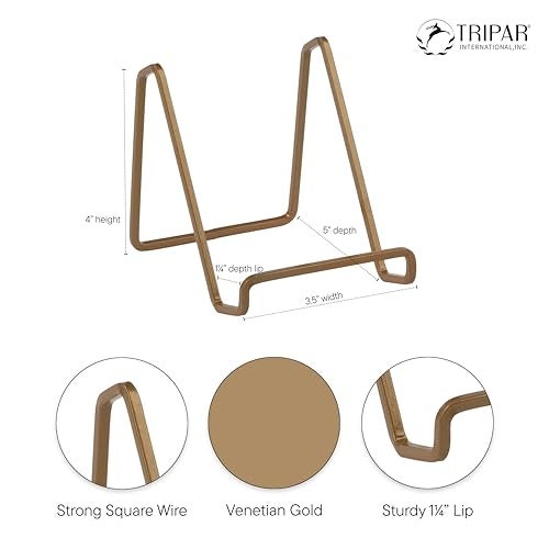 TRIPAR 4-Inch 2 Pack Metal Venetian Gold Square Stand, Square Wire Easel, Small Photo Stand, Small Book Holder Stand for Table, Display for Picture Frames, Plaques and Plates - Image 2