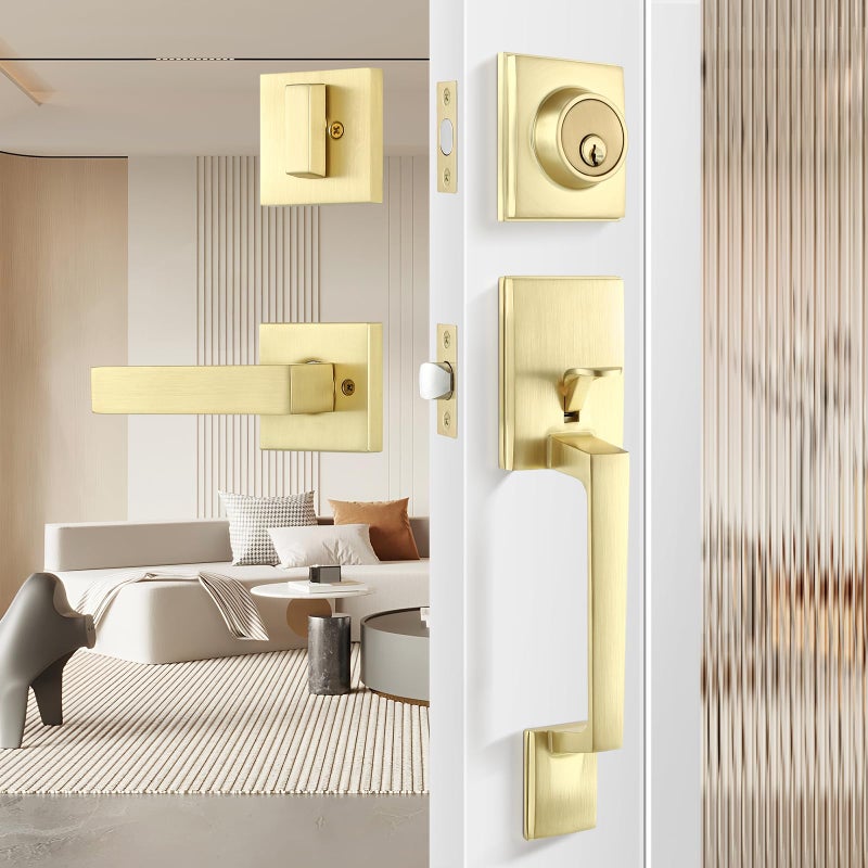 Leydebong Gold Entry Door Handle and Single Cylinder Deadbolt Lock and Key Brushed Brass Front Door Lock Heavy Duty Square Locking Lever Set Exterior Door Handle - Image 2