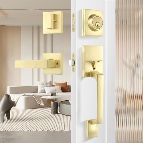 Leydebong Gold Entry Door Handle and Single Cylinder Deadbolt Lock and Key Brushed Brass Front Door Lock Heavy Duty Square Locking Lever Set Exterior Door Handle - Image 1