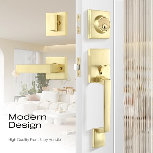 Leydebong Gold Entry Door Handle and Single Cylinder Deadbolt Lock and Key Brushed Brass Front Door Lock Heavy Duty Square Locking Lever Set Exterior Door Handle - Image 3