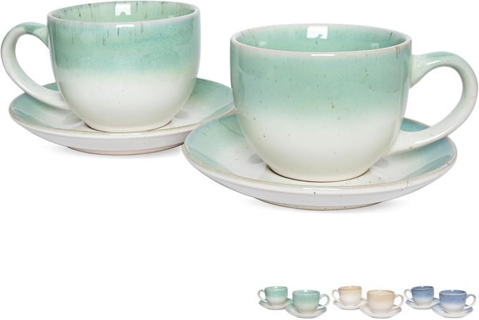 CERAMIC CAPPUCCINO CUP AND SAUCER SET OF 2 10 OZ DISHWASHER AND MICROWAVE SAFE COFFEE CUPS FOR LATTE ESPRESSO TEA REAVTIVE GLAZE GREEN