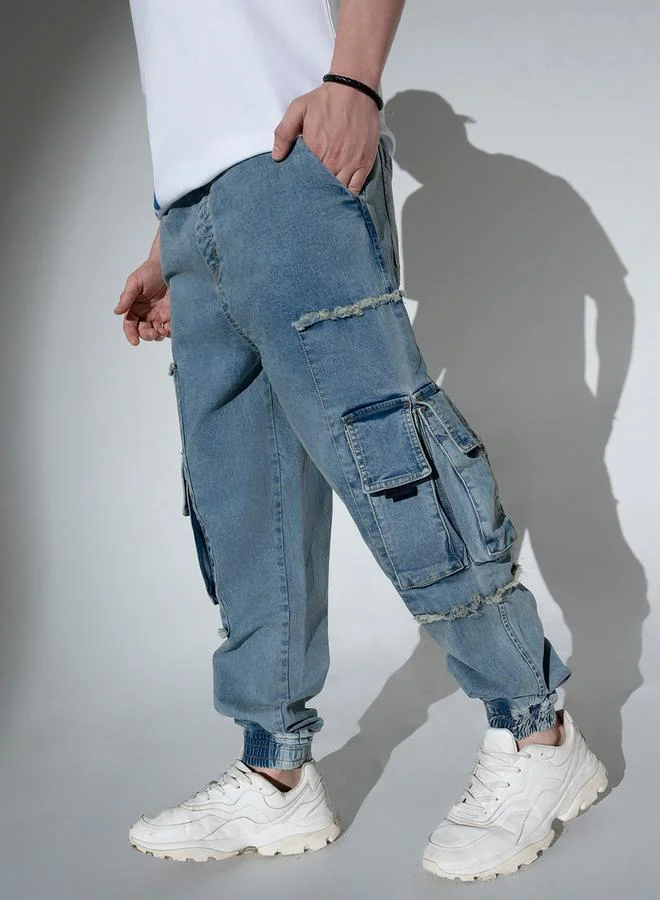 Hubberholme Hubberholme Mid Rise Faded Jeans with Cargo Pockets