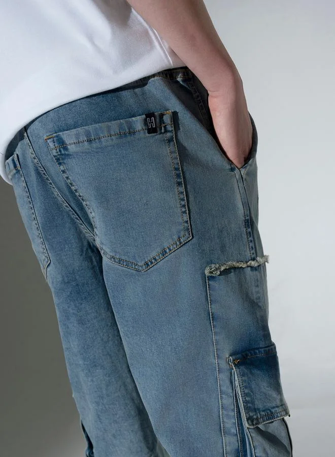 Hubberholme Hubberholme Mid Rise Faded Jeans with Cargo Pockets