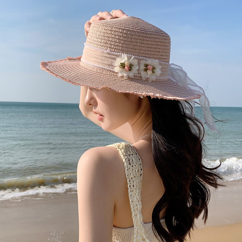 Women's Lace Bow Straw Sun Hat, Wide Brim, Flat Top - Image 2