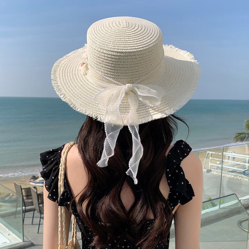 Women's Lace Bow Straw Sun Hat, Wide Brim, Flat Top - Image 4