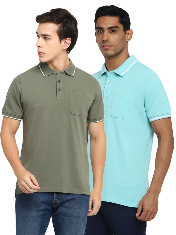 AMERICAN CREW Polo Collar T-Shirts with Pocket Combo Pack of 2 (AC28-L_Light Olive & Aqua) - Image 1