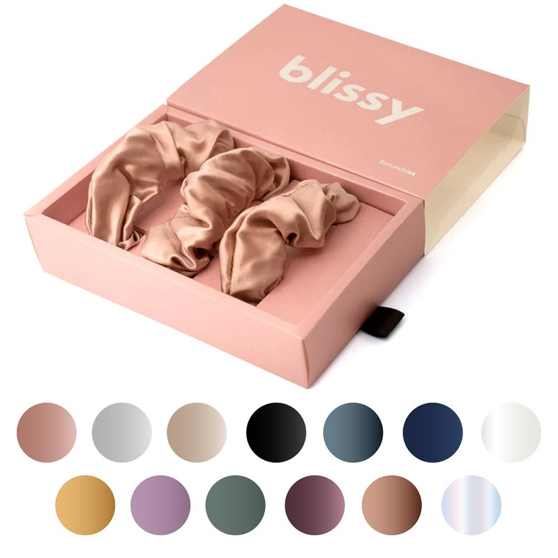 Blissy Silk Scrunchies (3 Pack) - 100% Pure Mulberry Silk - 22 Momme 6A High-Grade Fibers Scrunchie for Straight & Curly Hair - Preventing Breakage, Tangling, & Creasing (Rose Skinny) - Image 1