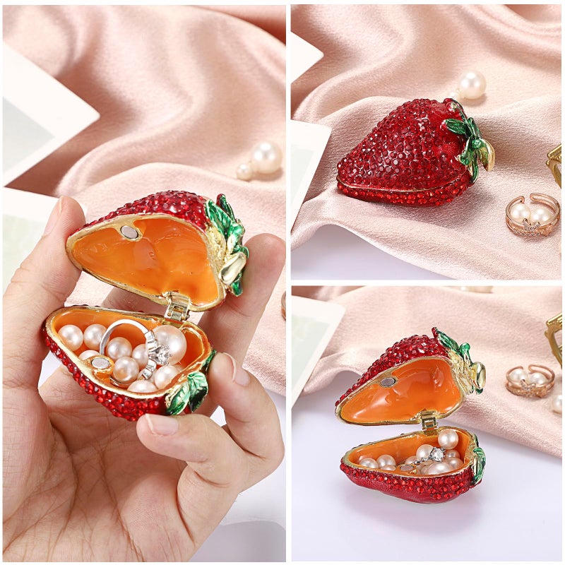 ELLDOO Strawberry Trinket Box, Vintage Metal Enameled Hinged Decorative Box Hand Painted Ring Earrings Jewelry Organizer Gift Box for Girl Women - Image 4