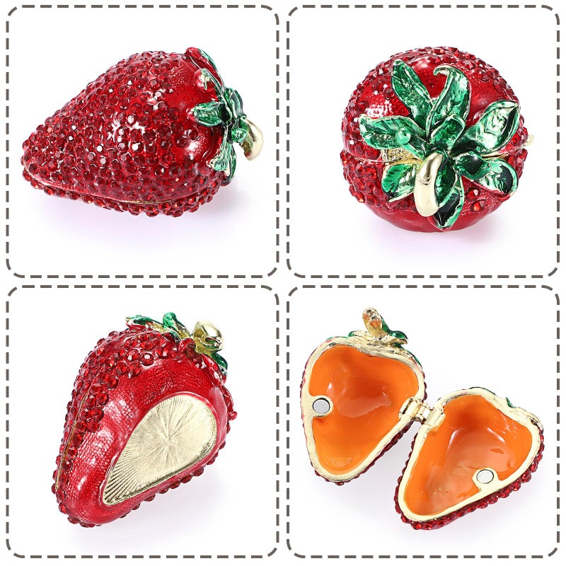 ELLDOO Strawberry Trinket Box, Vintage Metal Enameled Hinged Decorative Box Hand Painted Ring Earrings Jewelry Organizer Gift Box for Girl Women - Image 3