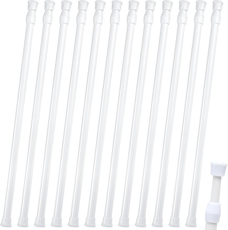 DeELF Outlet 12 Packs Small Tension Rods 16 to 28 inch, Spring Loaded Curtain Rods, RV Refrigerator Tension Rod, RV Curtain Rod for Camper Windows, Kitchen, Closet and Cabinet, White - Image 1