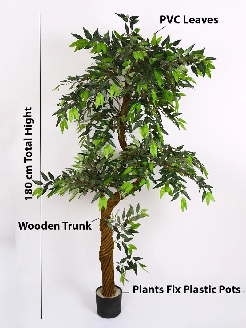 ARICK DECOR 6ft Artificial Ficus Tree with Natural Wood Trunk, Large Lifelike Faux Floor Plant for Indoor Home Office Decor, Lush Green Silk Leaves in Black Pot - 180cm - Image 3