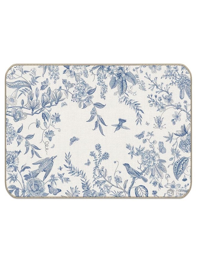 huester Blue White Birds and Flowers Door Mat,17"X30" Decorative Home Indoor Outdoor Front Porch Door Mat,Rustic Vintage Spring Flower Floral Bird Mat Decor,Gifts for Flower Lovers Women Girls,Boho Gift - Image 1