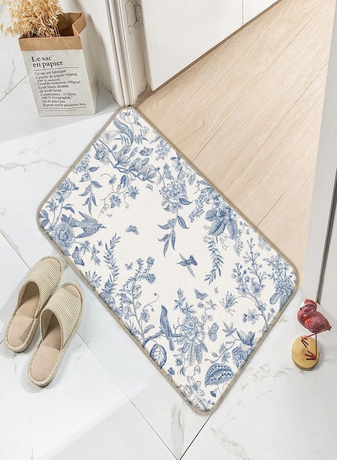 huester Blue White Birds and Flowers Door Mat,17"X30" Decorative Home Indoor Outdoor Front Porch Door Mat,Rustic Vintage Spring Flower Floral Bird Mat Decor,Gifts for Flower Lovers Women Girls,Boho Gift - Image 2