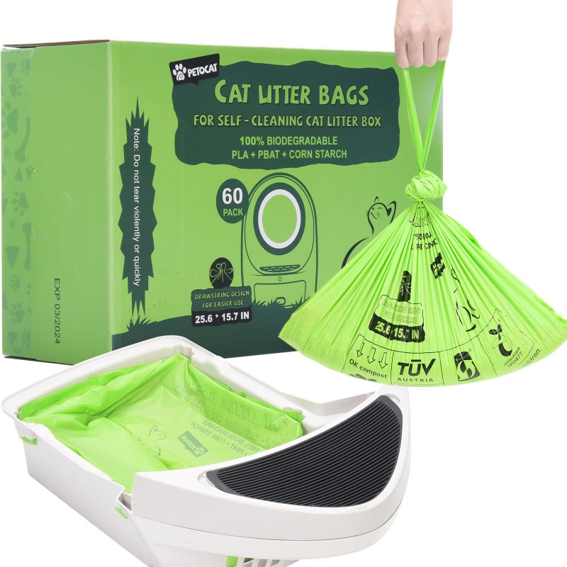 PETOCAT Biodegradable Cat Litter Liner Bags Compatible with LR 3, 4 and Most Self-Cleaning Litter Boxes, 60 Count Kitty Automatic Waste Drawer Liners, Drawstring Pet Compostable Replacement Poop Bags - Image 1