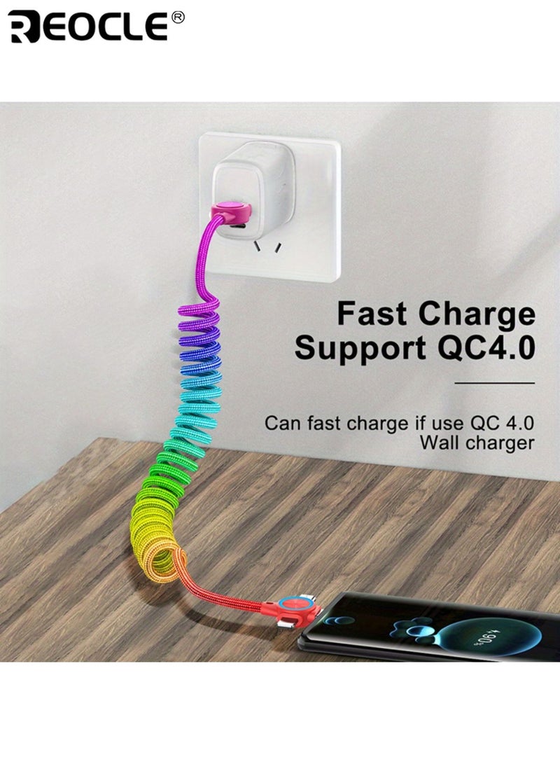 REOCLE 1.2M 3-In-1 Retractable Fast Charging Cable 480Mbps High-Speed Data Sync Durable Aluminum Alloy and Nylon Weaving Fabric Spring Design for Tangle-Free Use - Image 5