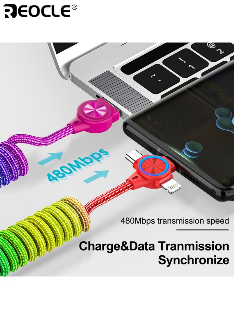 REOCLE 1.2M 3-In-1 Retractable Fast Charging Cable 480Mbps High-Speed Data Sync Durable Aluminum Alloy and Nylon Weaving Fabric Spring Design for Tangle-Free Use - Image 2