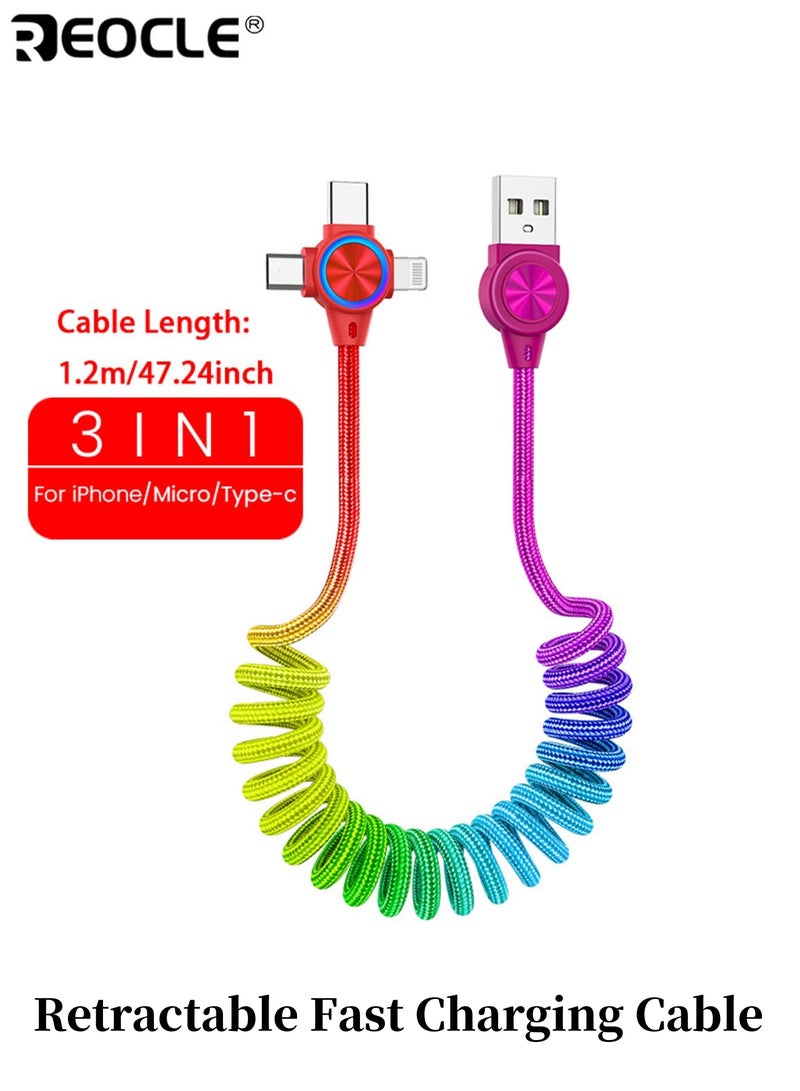 REOCLE 1.2M 3-In-1 Retractable Fast Charging Cable 480Mbps High-Speed Data Sync Durable Aluminum Alloy and Nylon Weaving Fabric Spring Design for Tangle-Free Use - Image 1