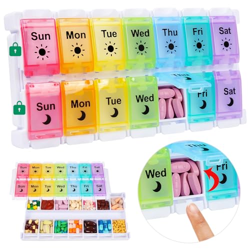 Shintop Am Pm Pill Organizer 7 Day Push Button Weekly Pill Box 2 Times a Day Easy Fill Pill Holder Day Night Vitamin Case for Medications Fish Oil Supplements Rainbow